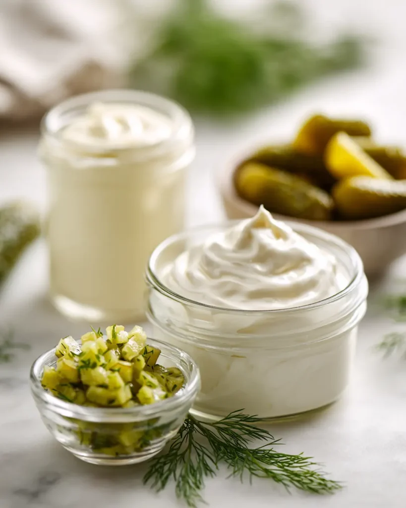 3-ingredient-tartar-sauce-ingredients Ingredients for 3 ingredient tartar sauce including mayonnaise jar, chopped dill pickles, and pickle juice