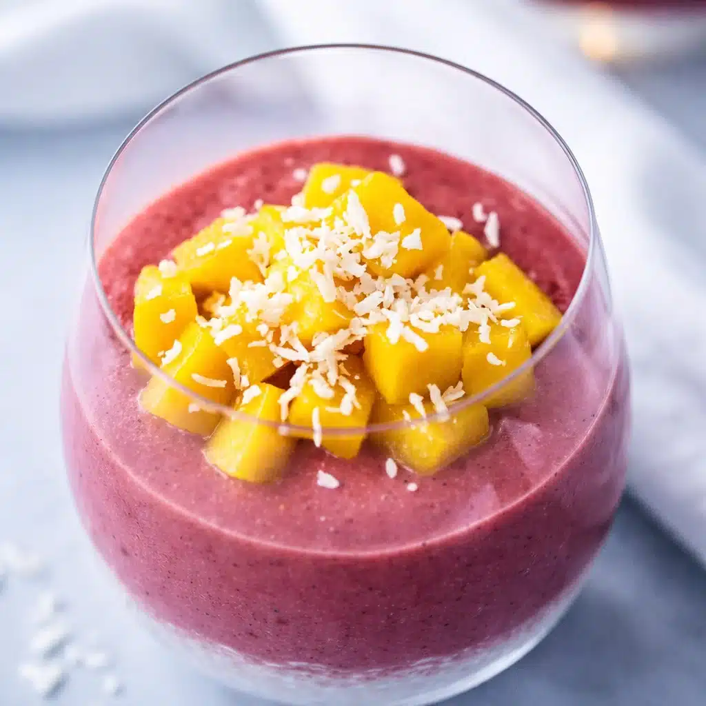 Delicious Guava Chia Pudding with layers of fruit and topped with coconut chips.