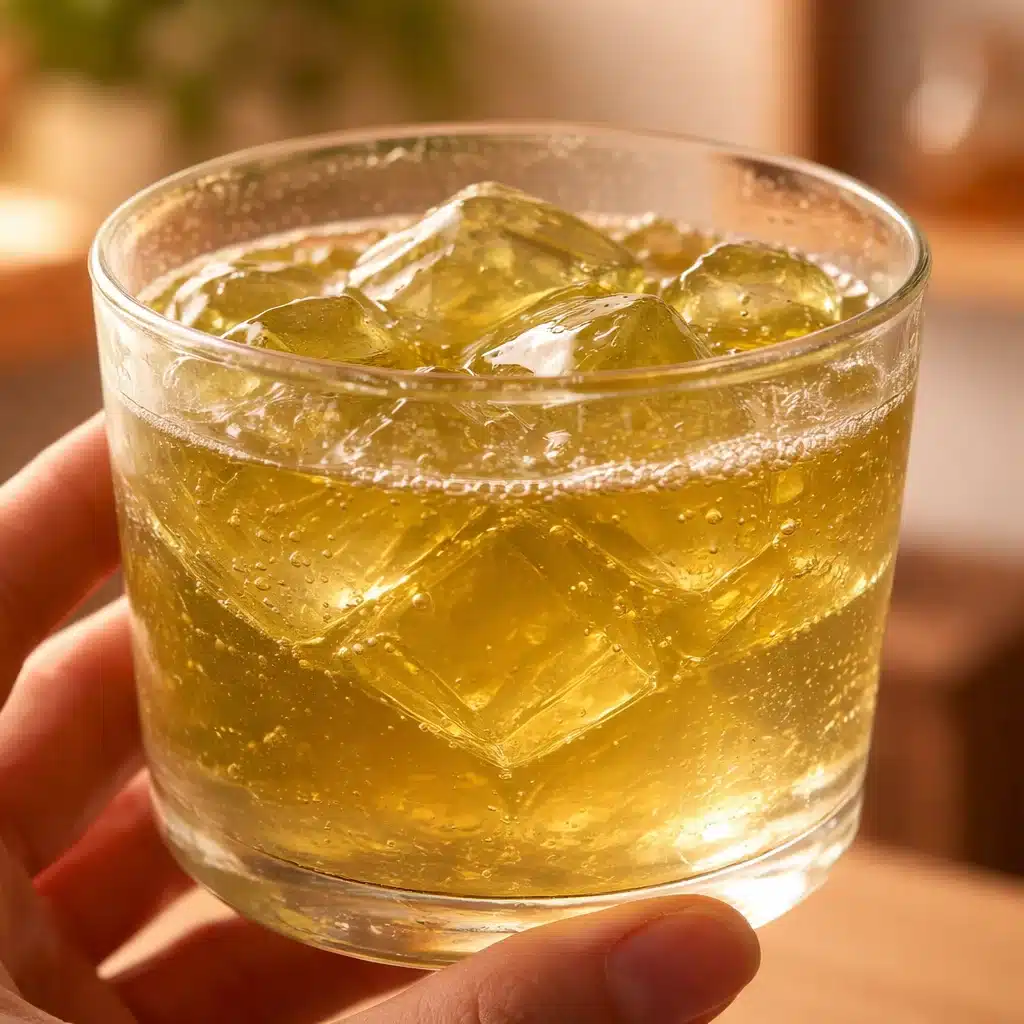 Refreshing gelatin drink with green tea and lemon for a healthy treat.