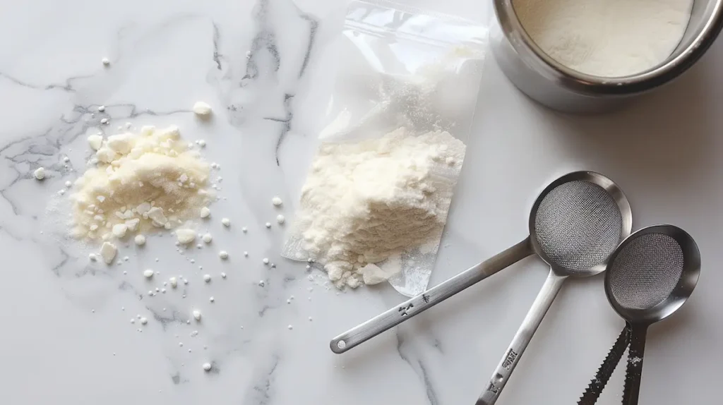 Unflavored gelatin powder packet with measuring spoons on kitchen counter