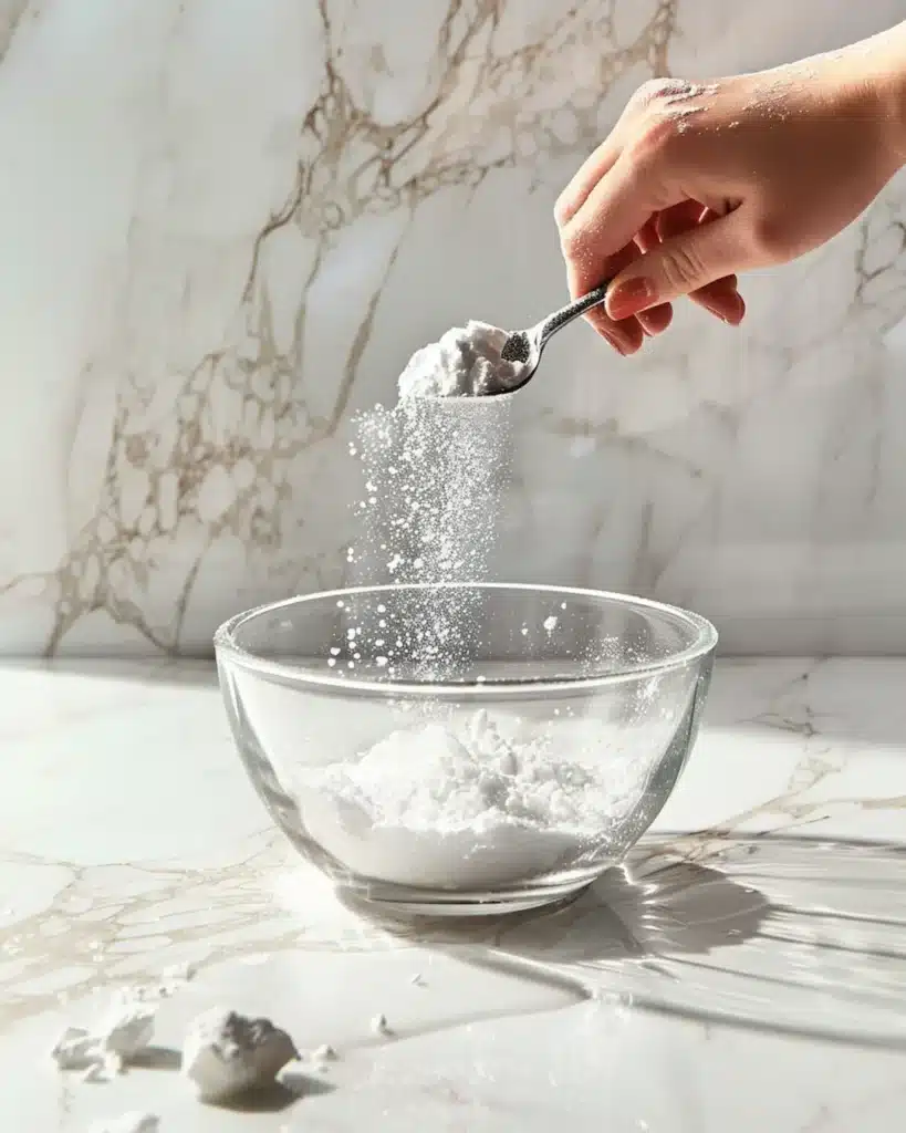 Sprinkling gelatin powder over cold water to bloom for recipes