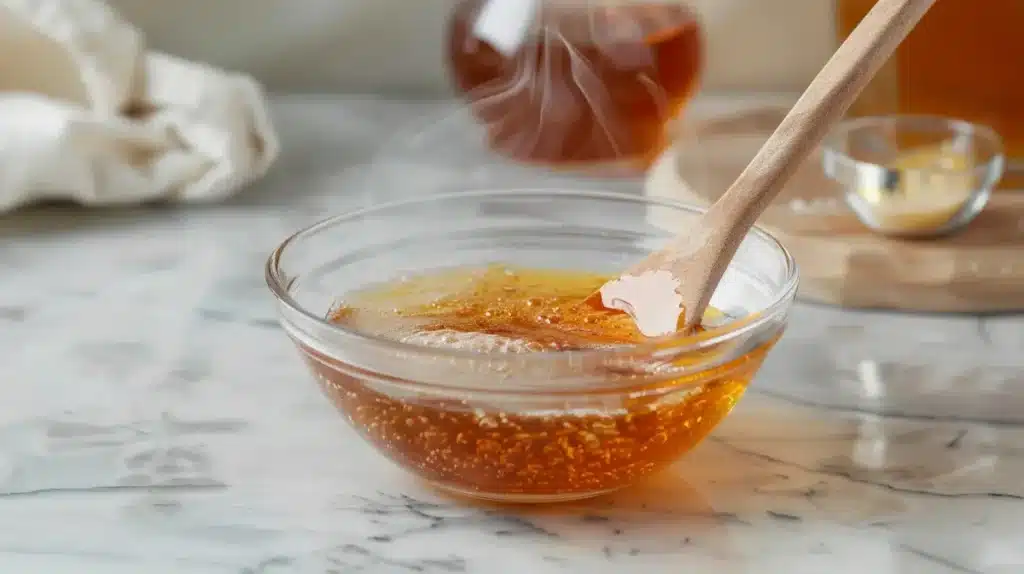 Heating bloomed gelatin powder until liquid in glass bowl