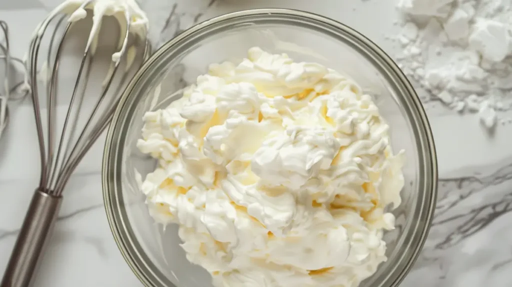 Stabilized whipped cream made with gelatin powder holding perfect peaks