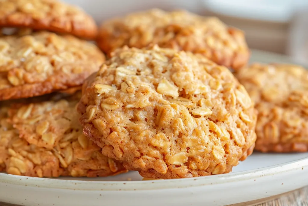 air-fryer-banana-oatmeal-cookies-crispy-edges Air fryer 3 ingredient banana oatmeal cookies with crispy edges and soft centers on white plate