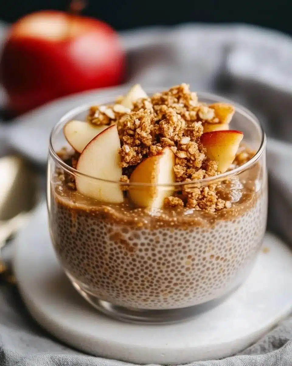 Delicious apple crumble chia pudding topped with fresh apples and cinnamon
