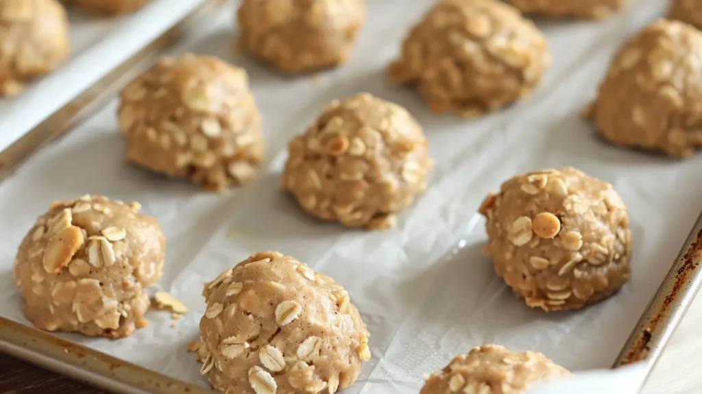 banana-oat-cookies-on-baking-sheet-before-baking Unbaked 3 ingredient banana oatmeal cookies scooped and flattened on parchment-lined baking sheet ready to bake