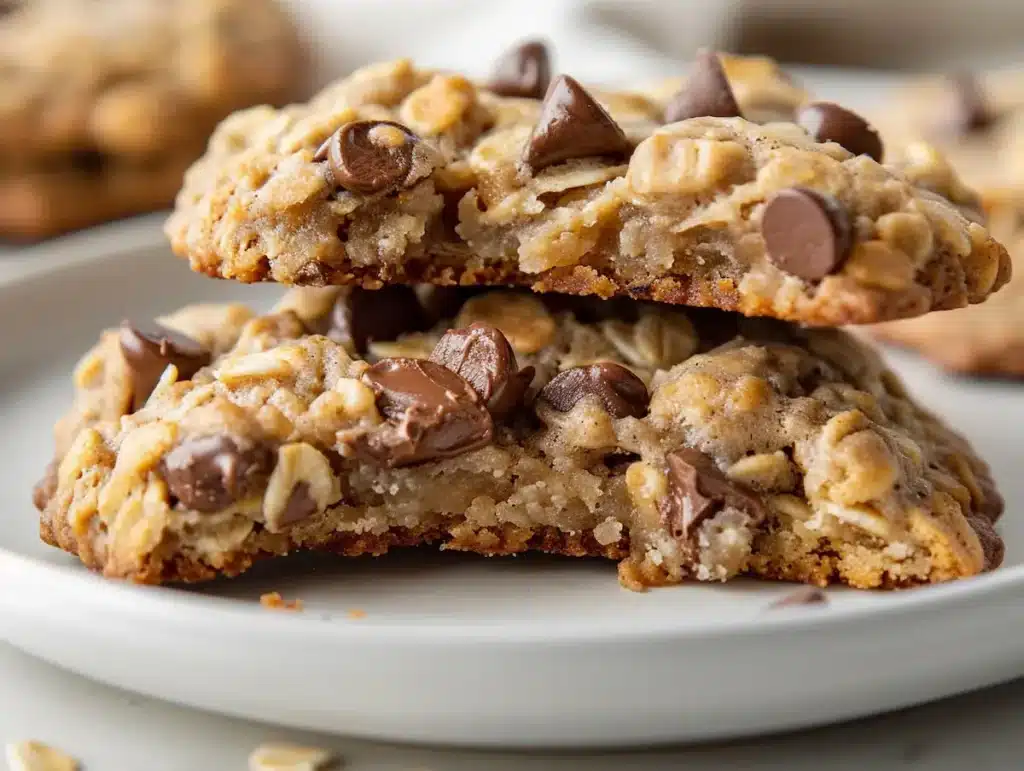 banana-oatmeal-chocolate-chip-cookies-variation-broken 3 ingredient banana oatmeal chocolate chip cookies with melted chocolate chips visible, one cookie broken in half