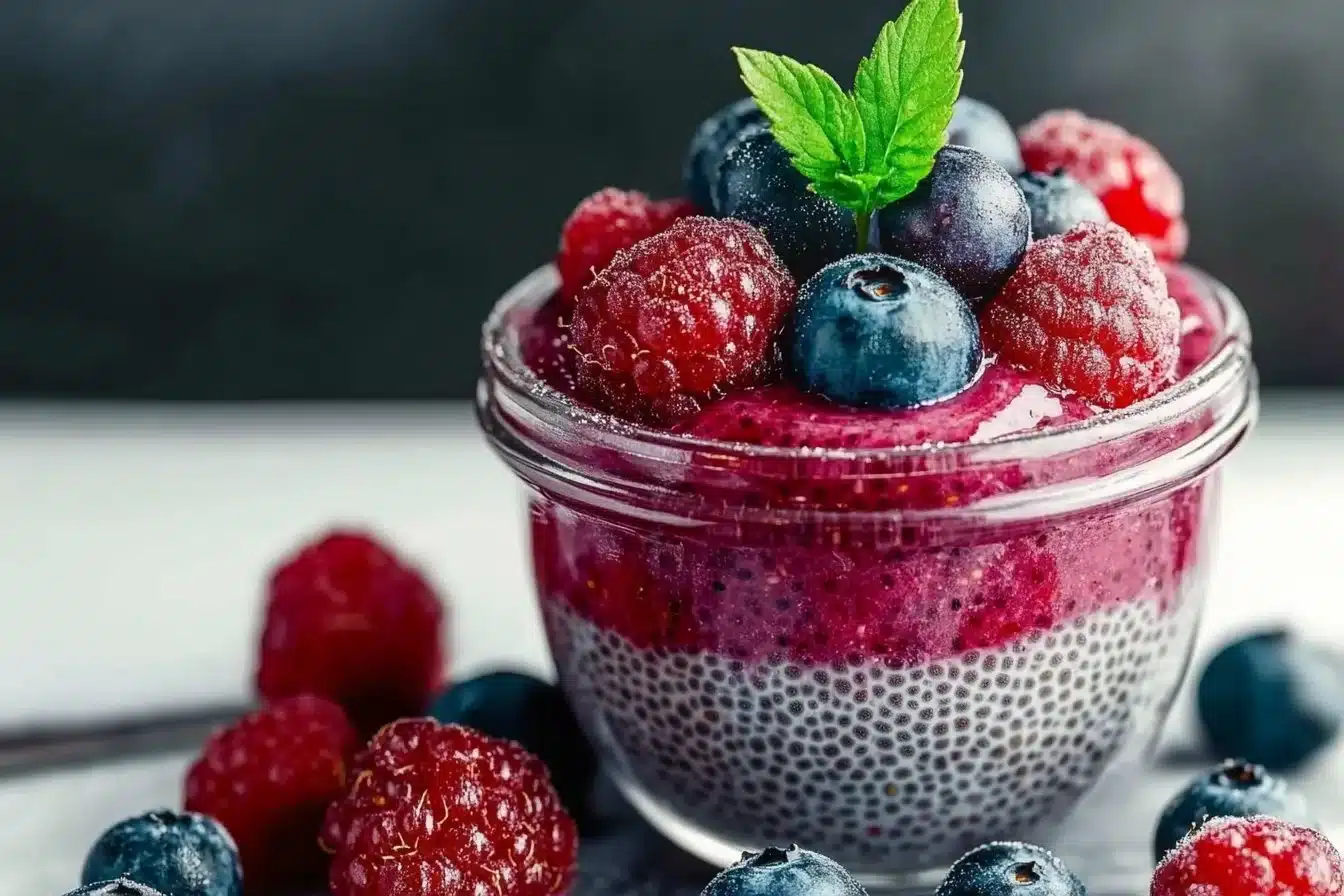 Delicious Berry Chia Pudding topped with fresh berries in a bowl