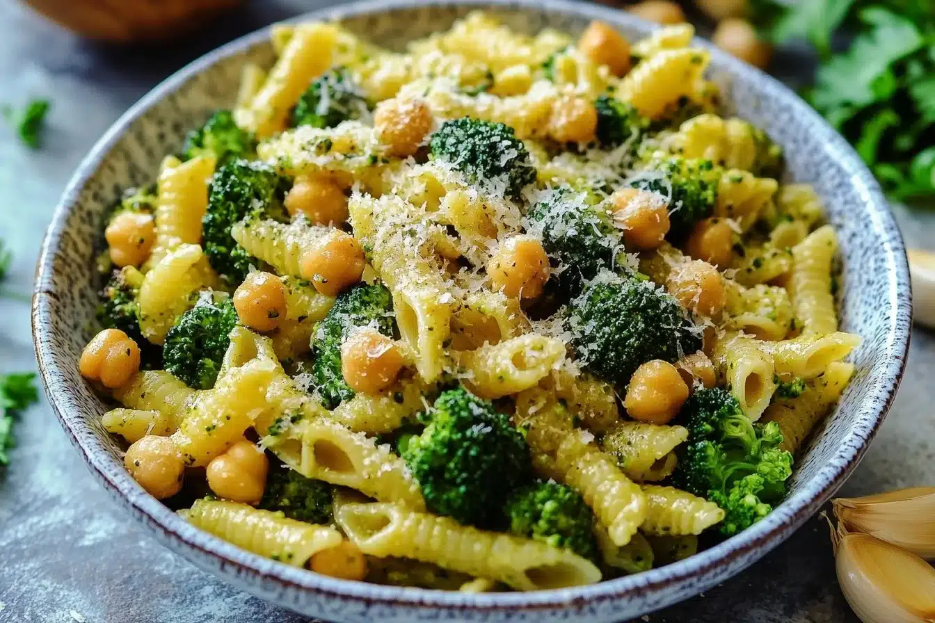 Broccoli Chickpea Pasta drizzled with Garlic Olive Oil on a plate