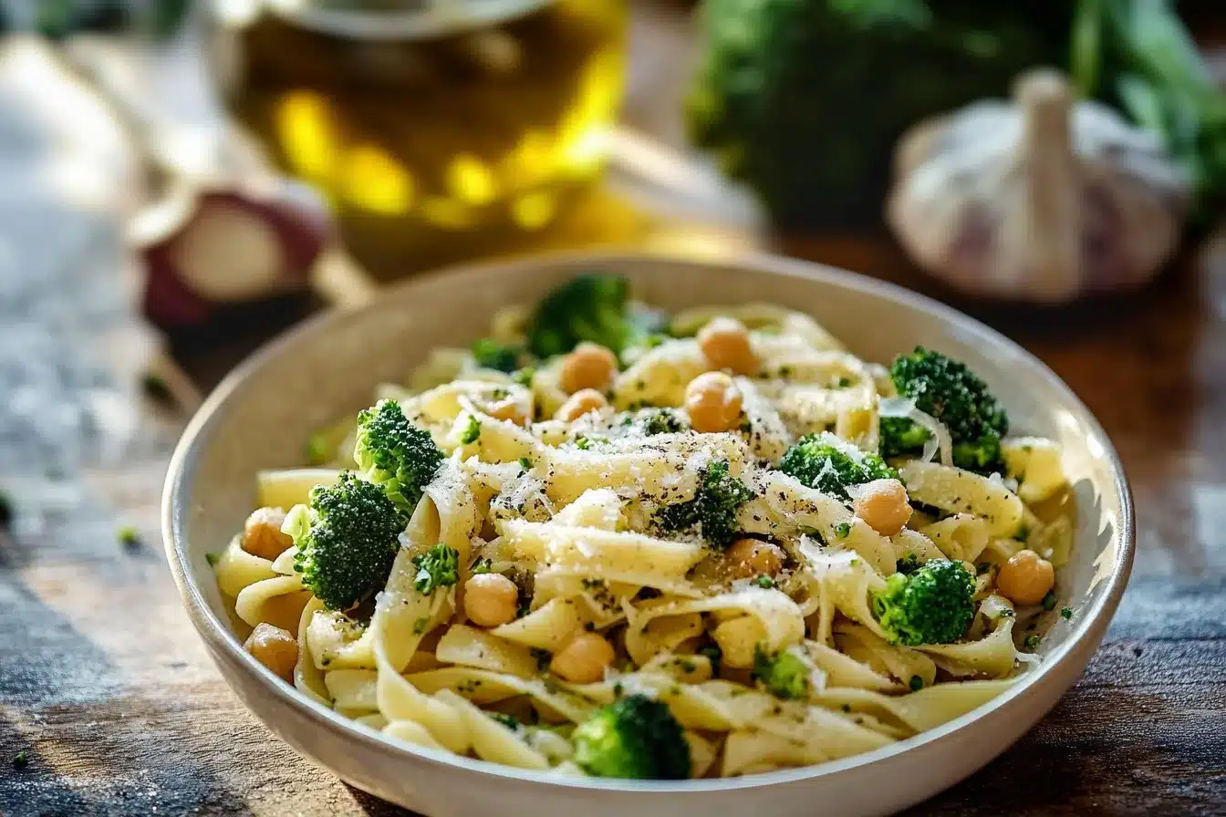 Broccoli Chickpea Pasta with Garlic Olive Oil