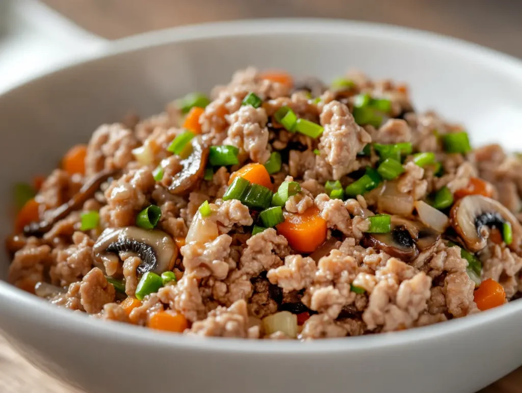 cabbage-dumpling-recipe-filling Chicken and vegetable dumpling filling in a white bowl — the base of this cabbage dumpling recipe