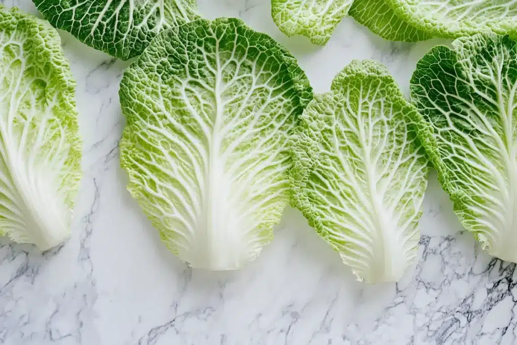 cabbage-dumpling-recipe-napa-cabbage Fresh napa cabbage leaves blanched and ready for the cabbage dumpling recipe, laid flat on a white surface