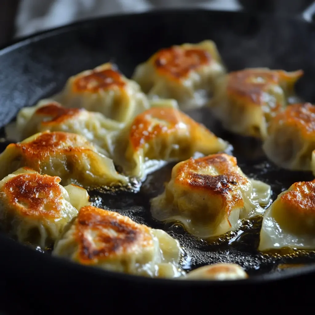 cabbage-dumpling-recipe-pan-fried Pan-fried cabbage dumplings with golden crispy bottom edges sizzling in a black frying pan