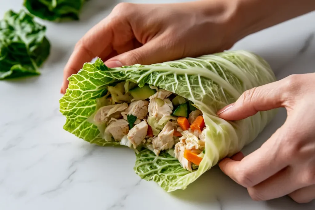 cabbage-dumpling-recipe-rolling Hands rolling and shaping a cabbage dumpling, folding the napa cabbage leaf around the chicken filling