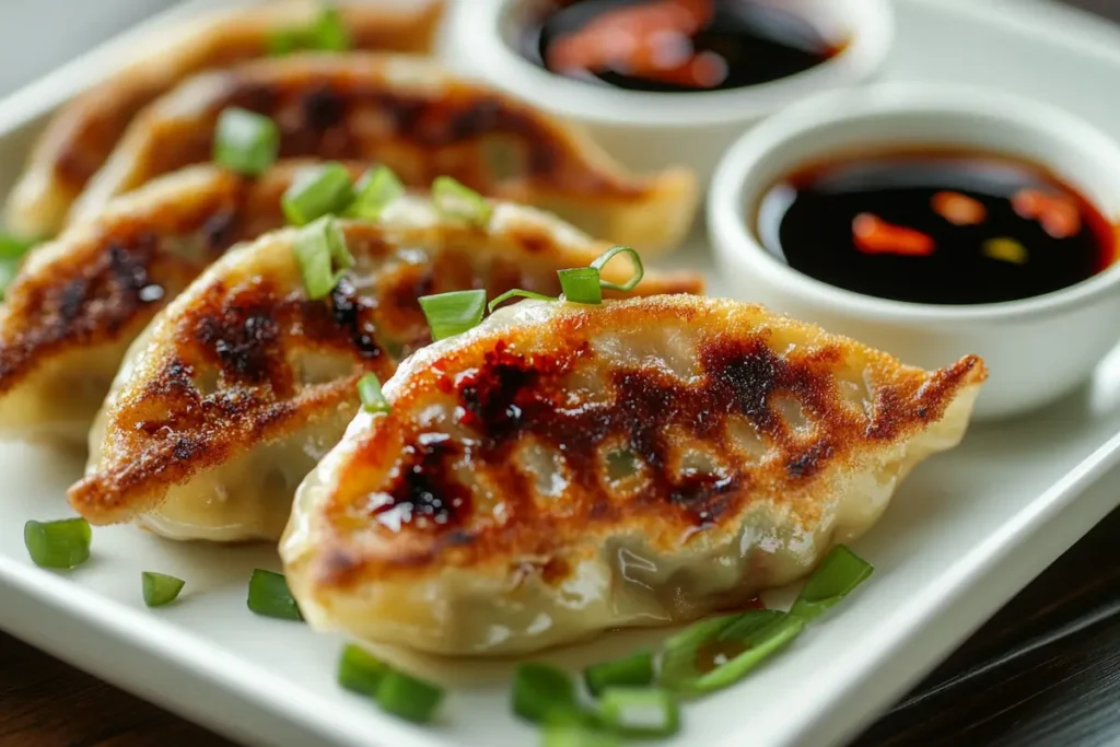cabbage-dumpling-recipe-served Cabbage dumplings served on a plate with crispy chilli oil and soy sauce dipping bowls alongside