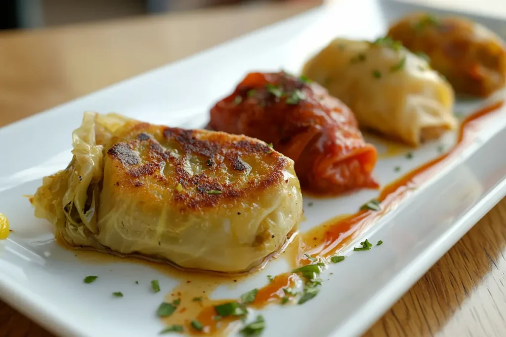 cabbage-dumpling-recipe-variations Different styles of cabbage dumpling recipe variations — Chinese, Polish and Greek versions plated together