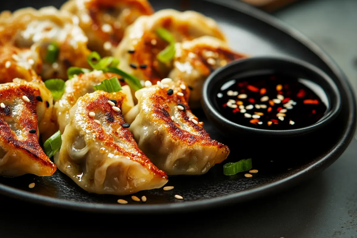Cabbage dumpling recipe served on dark ceramic plate with crispy golden edges and soy dipping sauce