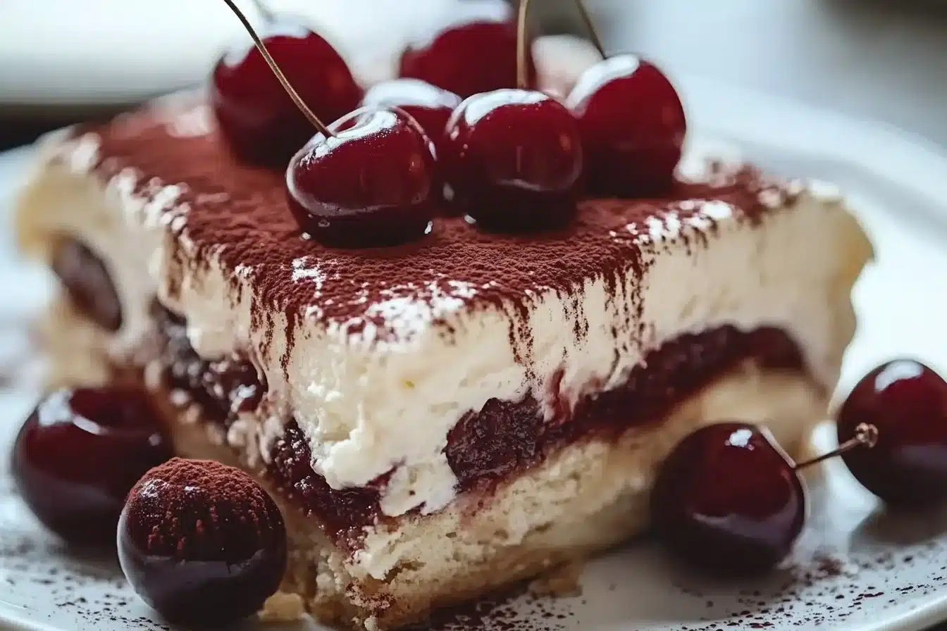 Delicious Cherry Amaretto Tiramisu layered with cherries and creamy mascarpone