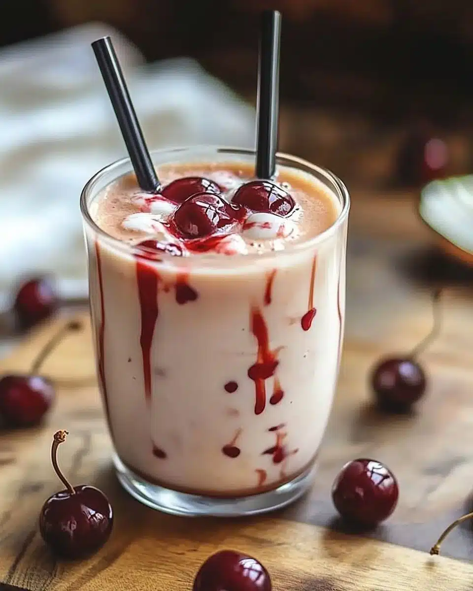 A refreshing cup of Cherry Earl Grey Milk Tea showcasing vibrant colors and aromatic herbs.