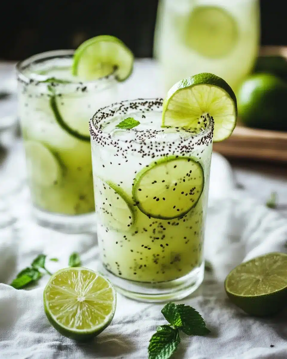 Refreshing Chia Limeade served in a glass with lime and chia seeds