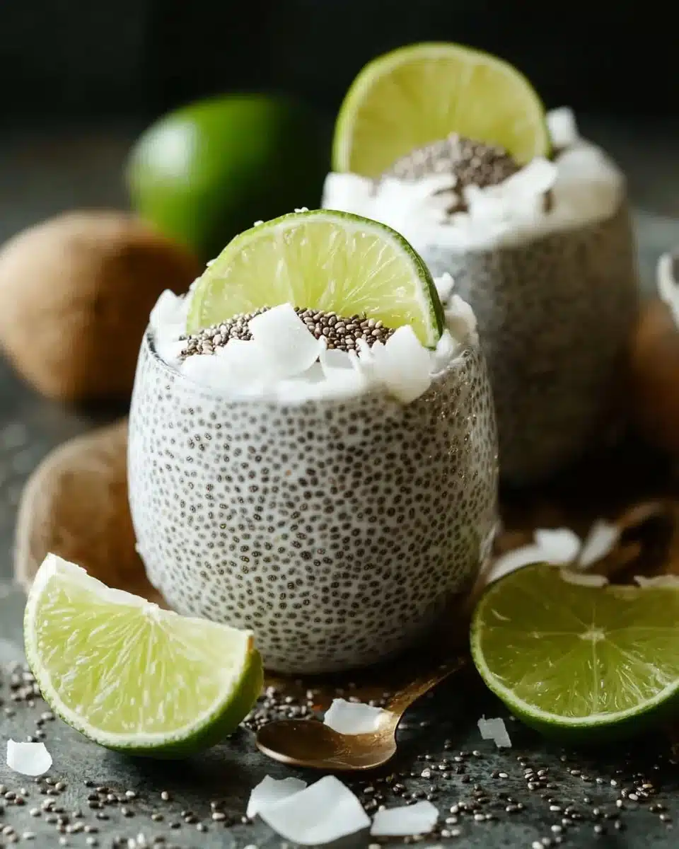 Chia pudding topped with coconut and lime zest in a glass bowl