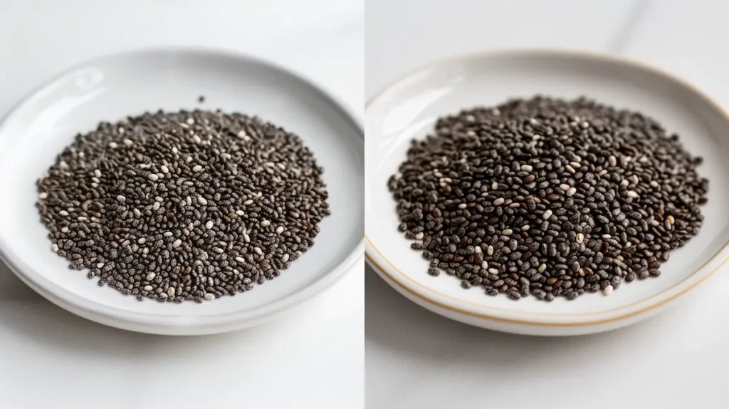 chia seeds before and after soaking showing dry seeds versus hydrated gel-coated tadpole appearance for weight loss recipe