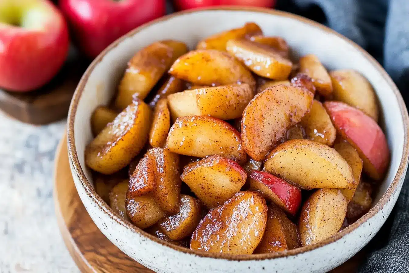 Sliced cinnamon apples sprinkled with cinnamon and sugar in a bowl