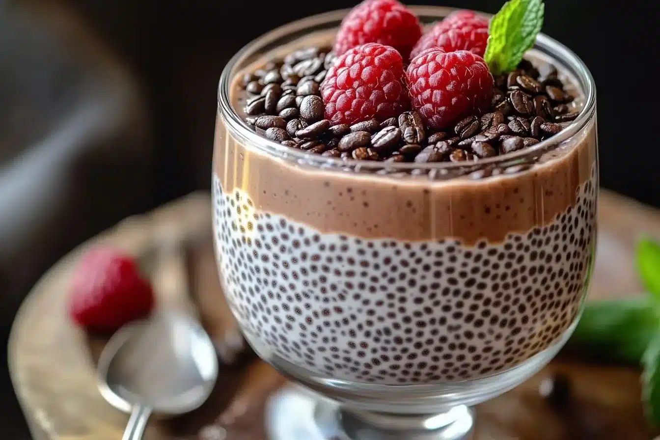 Delicious coffee chia seed pudding topped with chocolate and berries