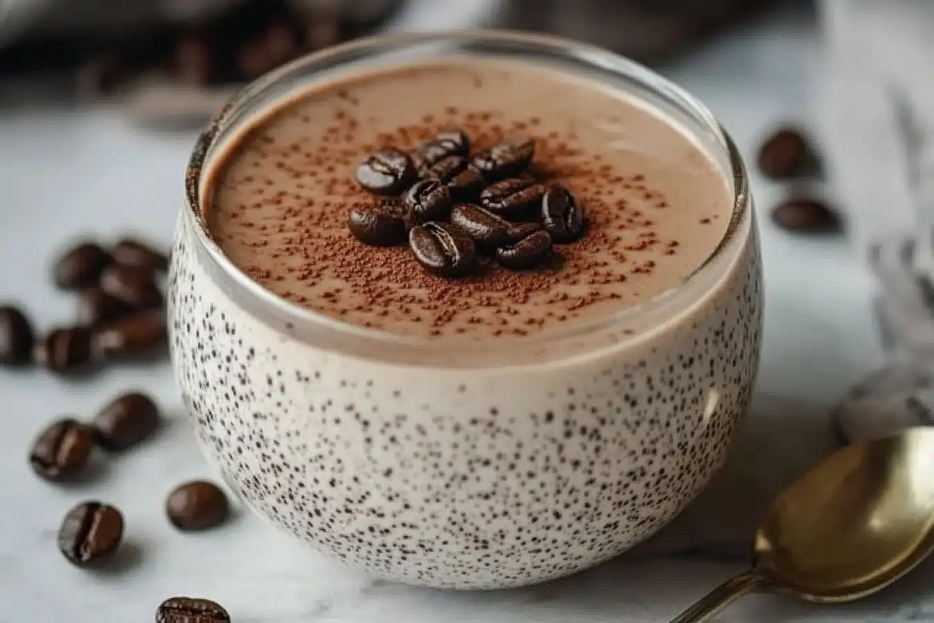 Delicious coffee protein pudding served in a bowl with toppings