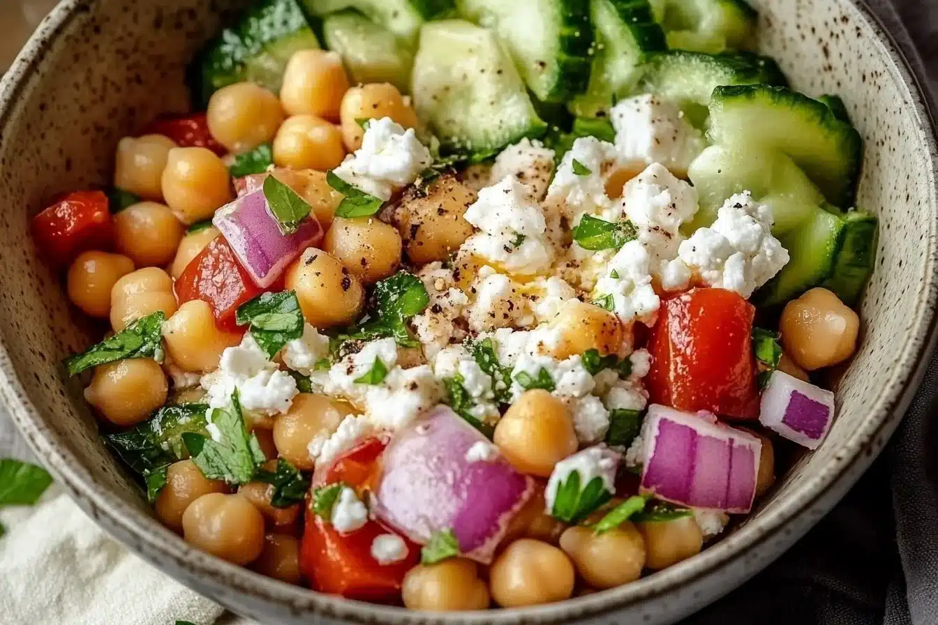 Cottage Cheese and Chickpea Salad Bowl with fresh vegetables