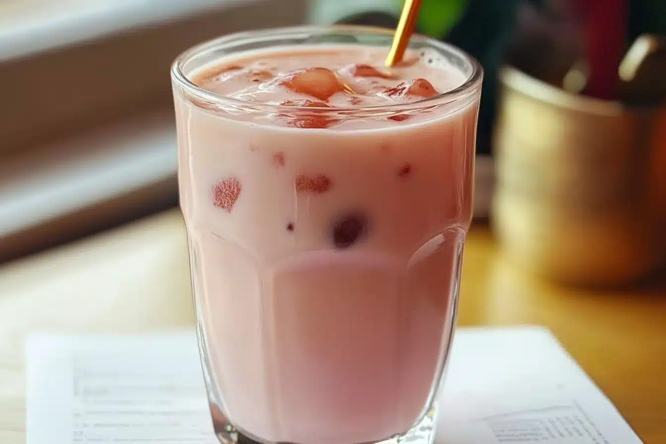 Creamy pink coconut iced latte in a glass with tropical garnishes