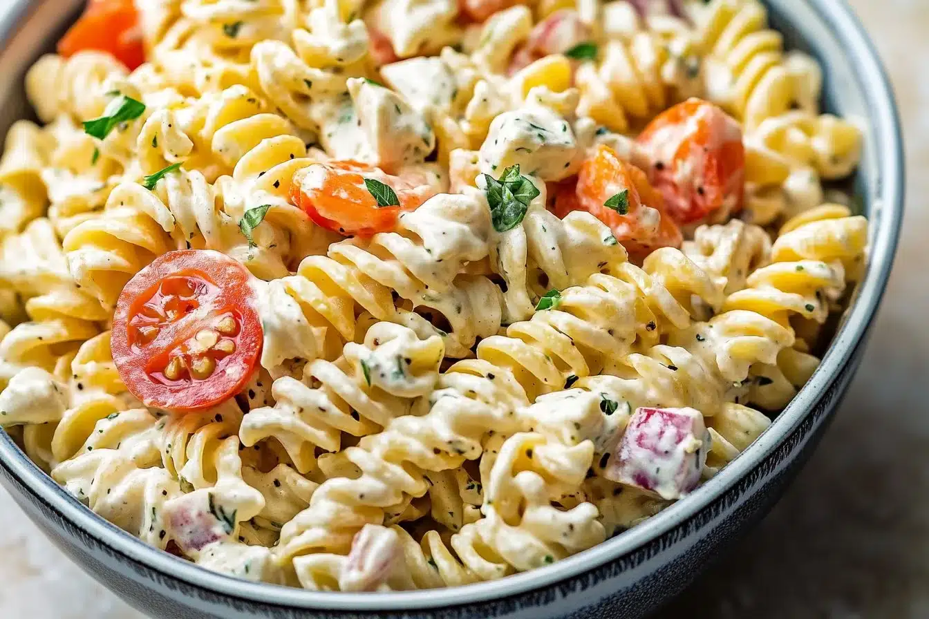 Creamy ranch protein pasta salad served in a bowl with fresh vegetables