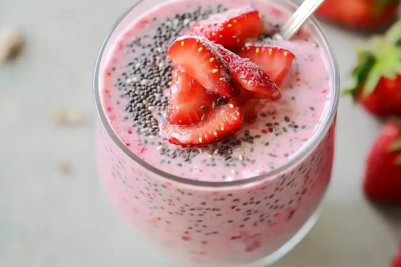 Creamy strawberry chia pudding topped with fresh berries and Greek yogurt