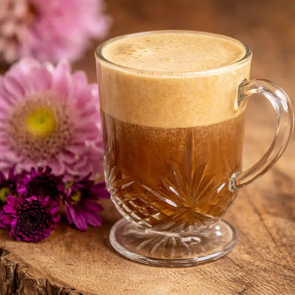 Gelatin trick coffee in a cup topped with cream and sprinkled cocoa.