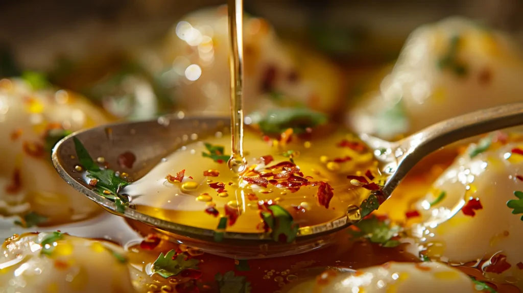 Drizzling chili crisp over dumpling bake with curry sauce - essential spicy topping for viral recipe