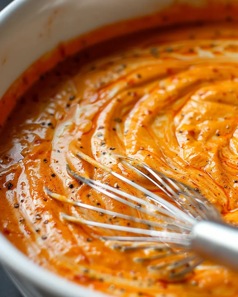 Dumpling bake coconut curry sauce with Thai red curry paste being whisked into lite coconut milk