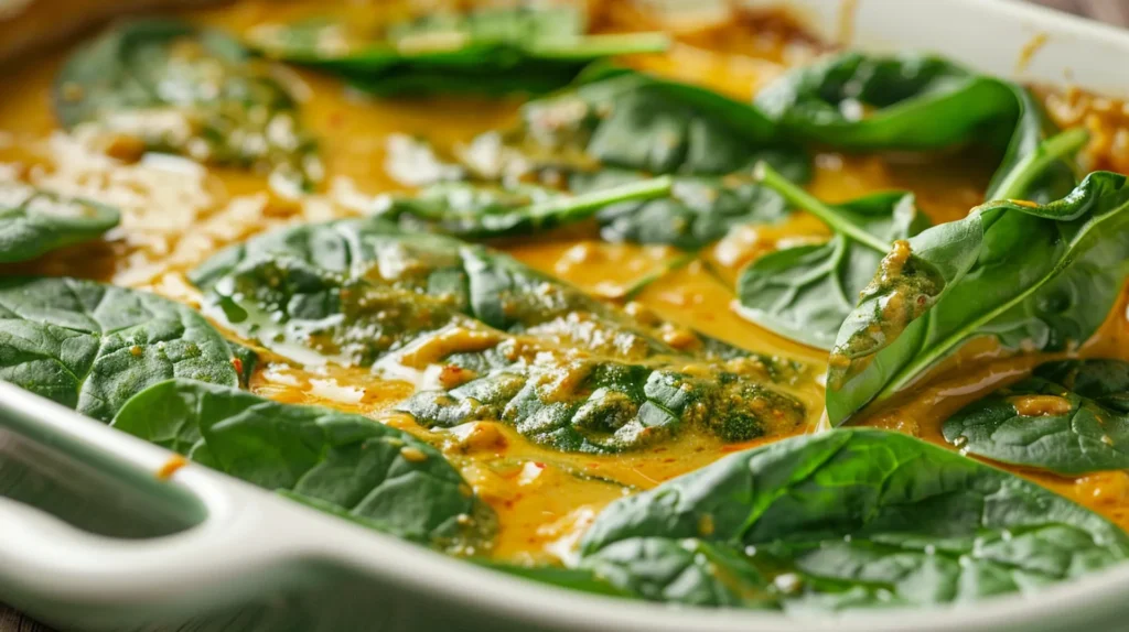 Fresh spinach wilting in coconut curry sauce for dumpling bake recipe before adding frozen dumplings