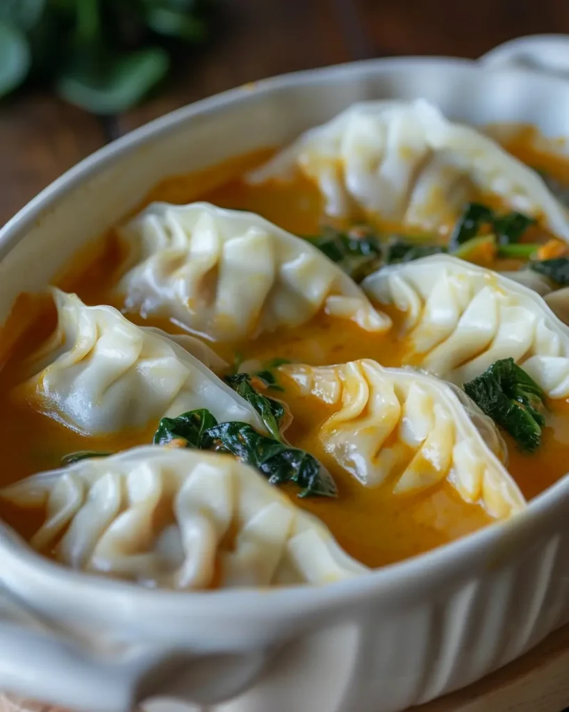 Frozen dumplings arranged pinched-side down in curry sauce for dumpling bake - viral TikTok technique