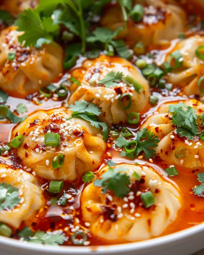 Viral dumpling bake garnished with fresh cilantro, scallions, sesame seeds, and chili crisp - ready to serve