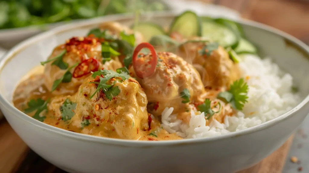 Dumpling bake served in bowl with jasmine rice and cucumber salad - easy weeknight dinner