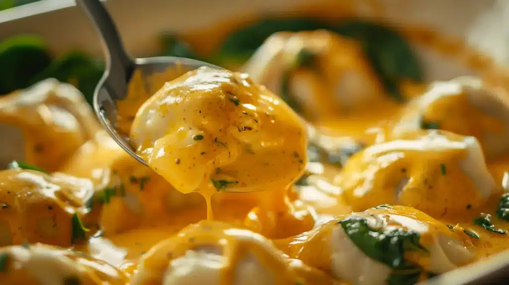 Spooning coconut curry sauce over frozen dumplings before baking - essential step for viral dumpling bake