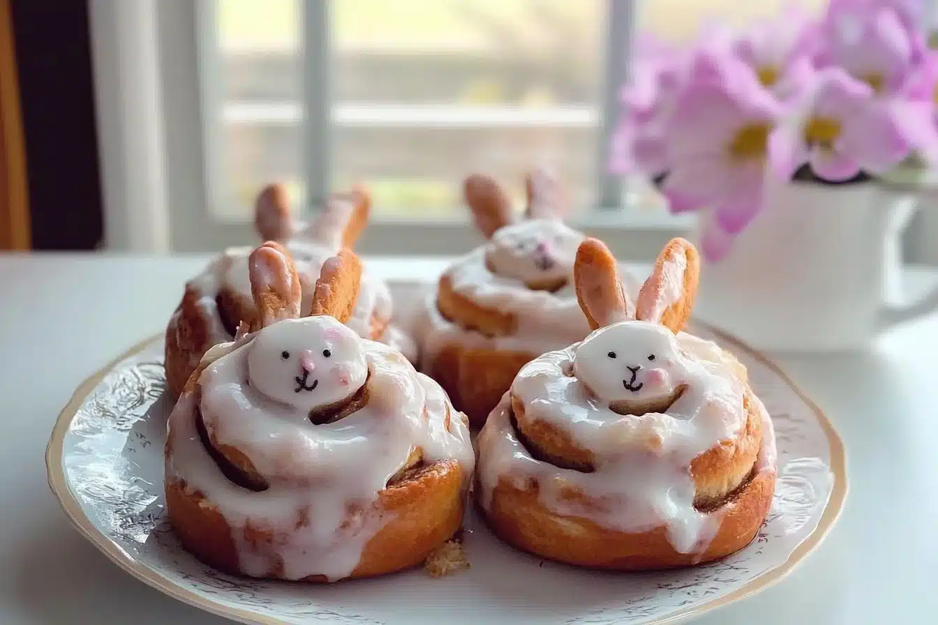 Easter Bunny Cinnamon Rolls decorated for a festive holiday celebration