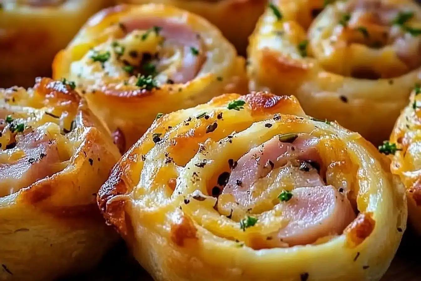 Easter Ham and Cheddar Pinwheels served on a festive platter.
