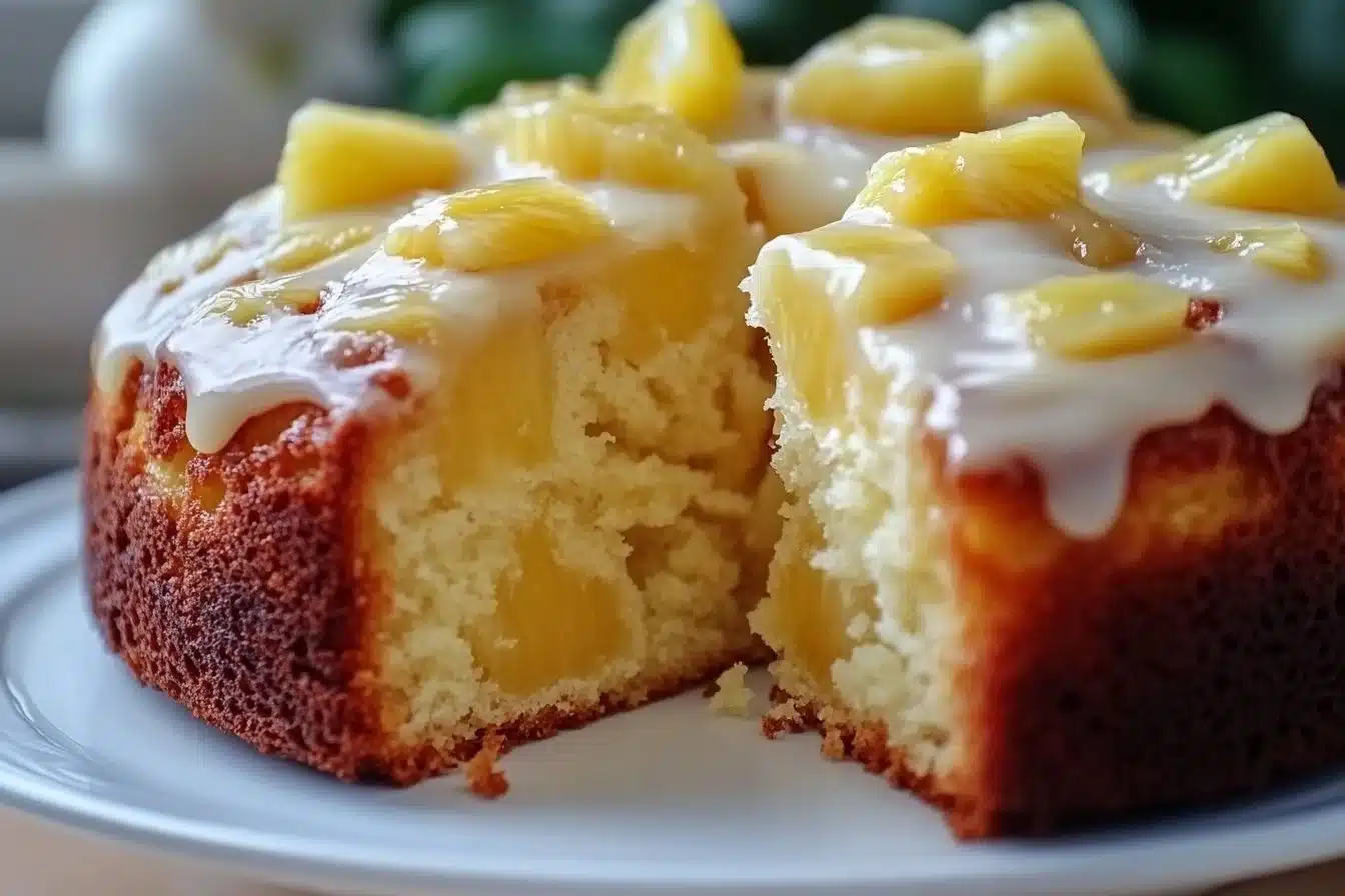 Easy Easter Pineapple Heaven Cake topped with pineapple and whipped cream