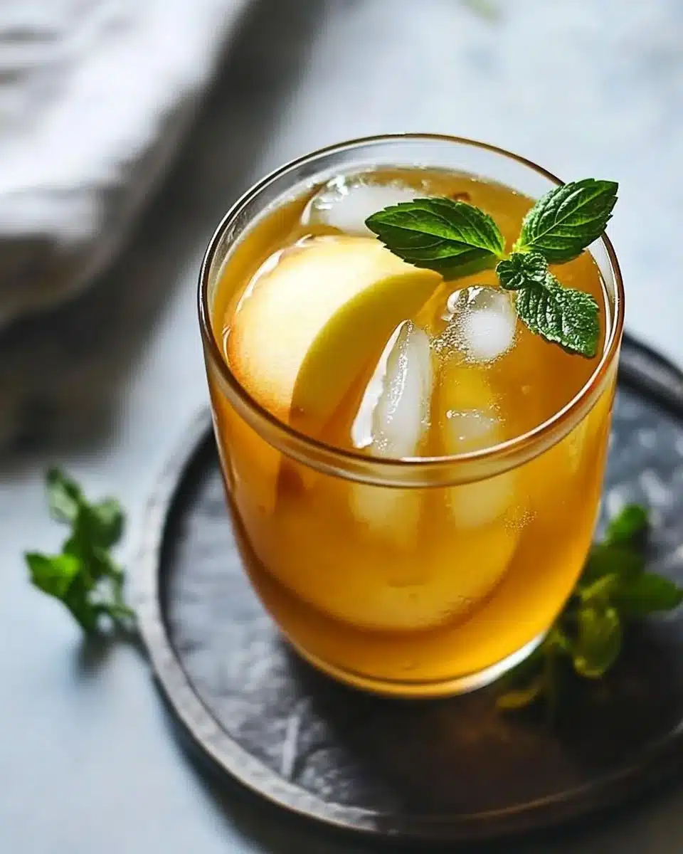 Refreshing iced apple green tea in a glass with apple slices and green tea leaves