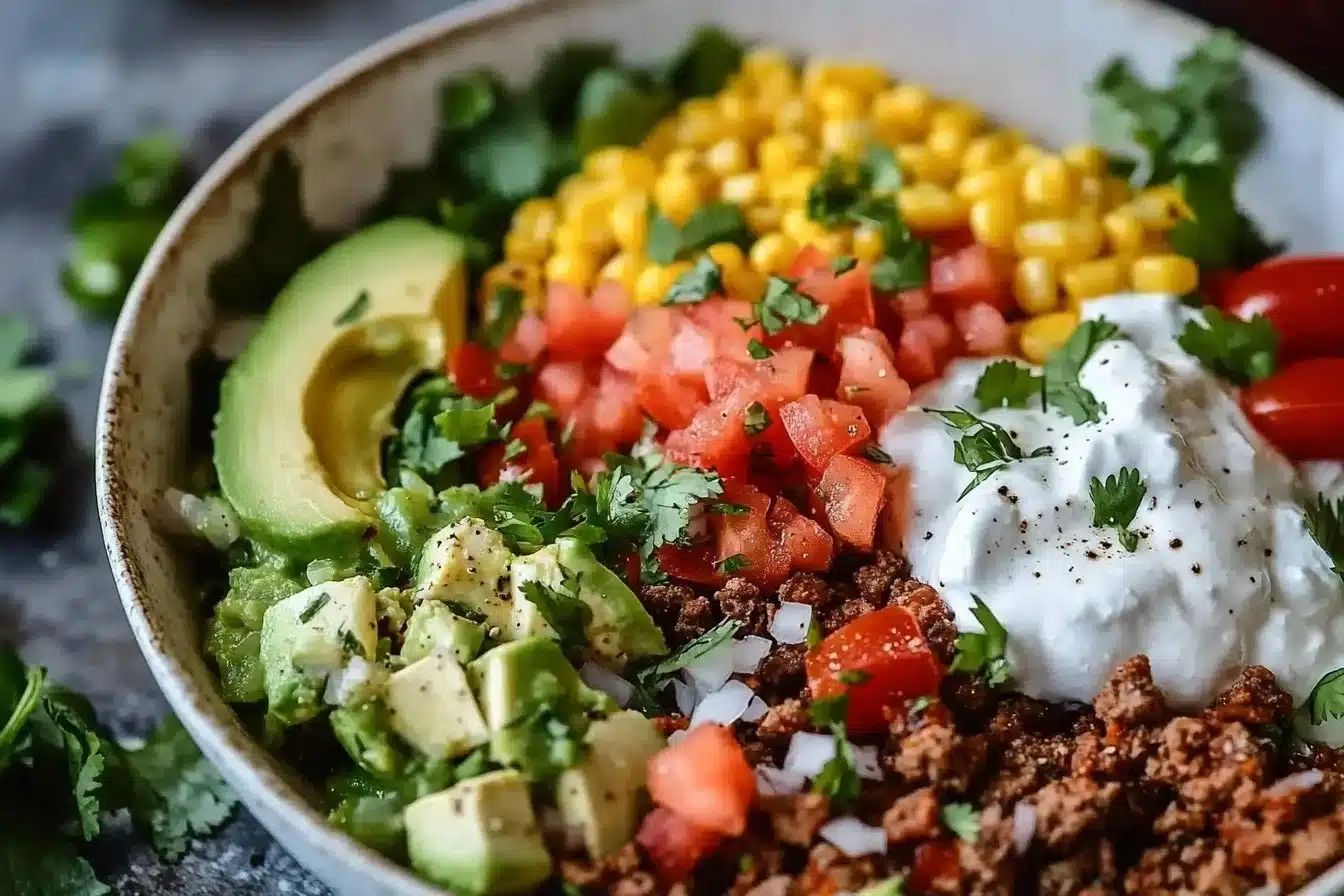 A colorful low carb burrito bowl filled with fresh vegetables and protein.
