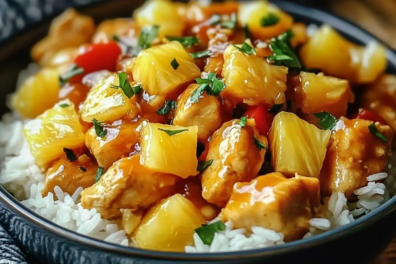 Delicious easy pineapple chicken served with rice in a one-pan dinner.