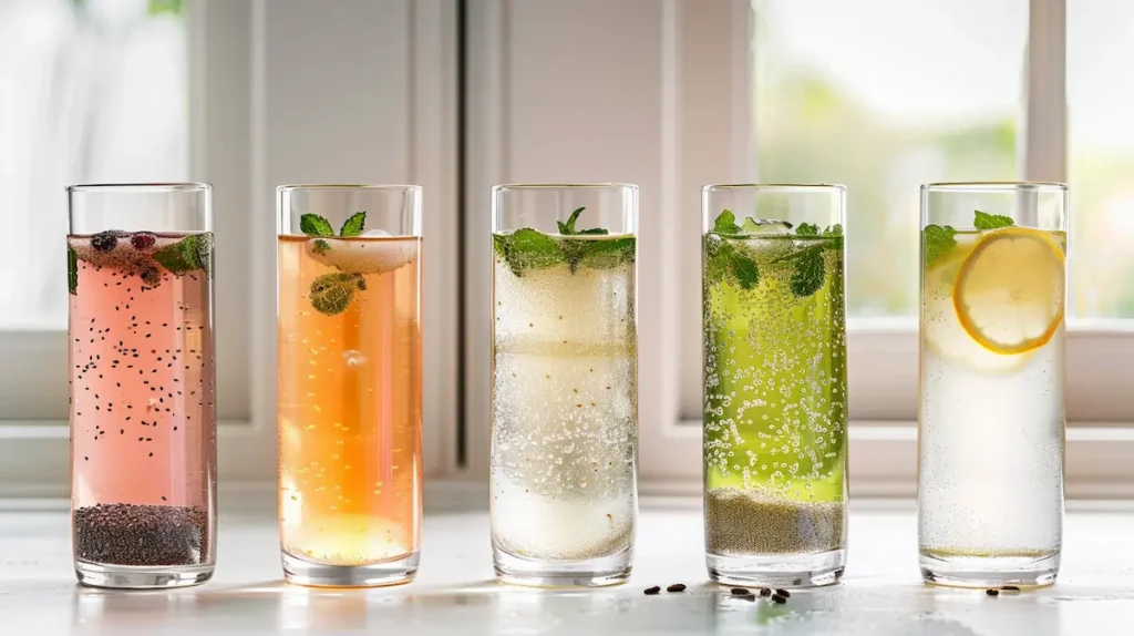 five tadpole water recipe variations in glasses showing berry, ginger, green tea, coconut, and overnight versions for weight loss