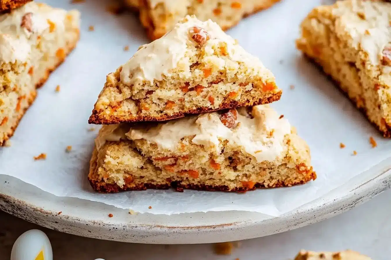 Fluffy Easter Carrot Cake Scones served on a pastel plate with decorations