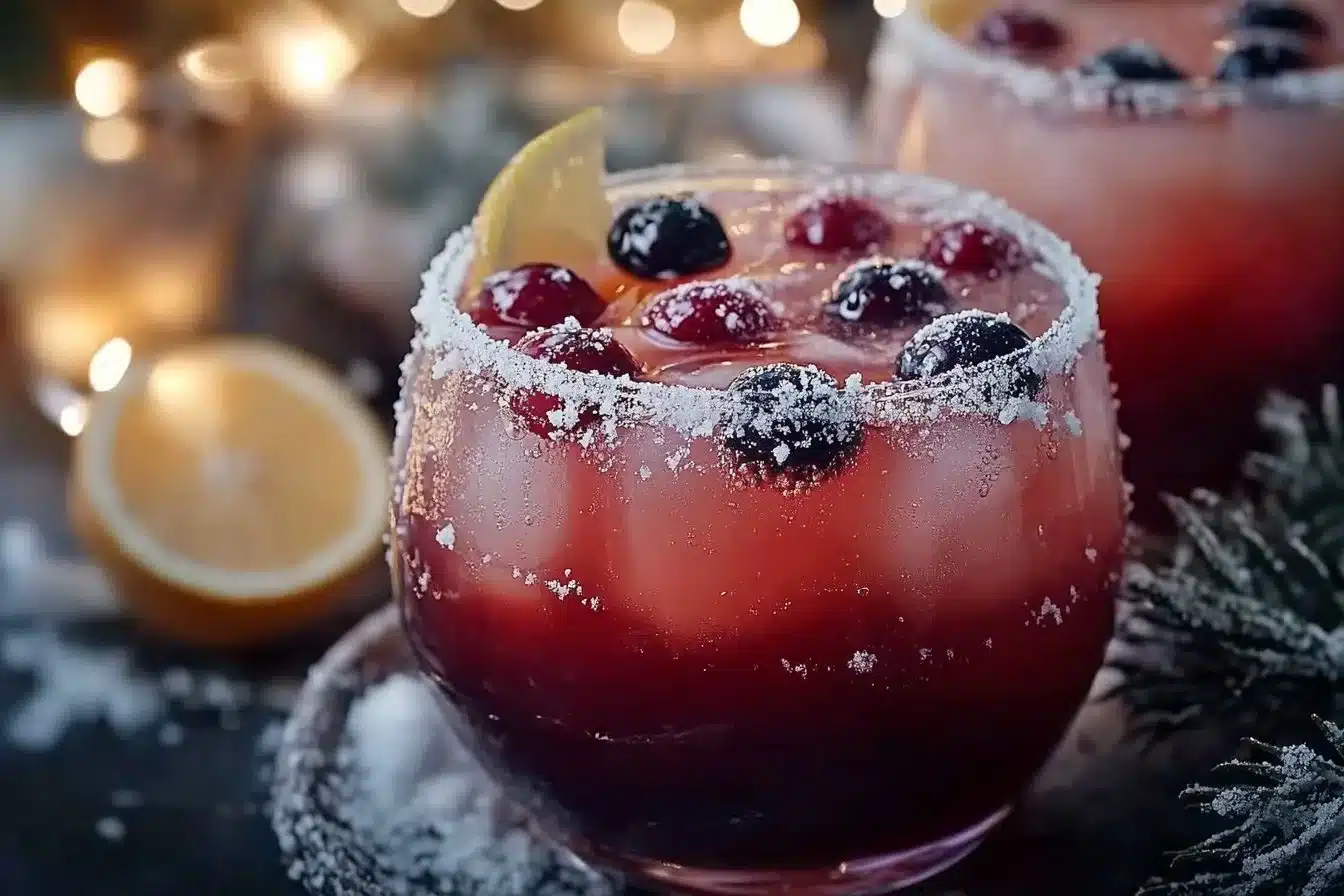 Glass of Frost Christmas Punch garnished with festive ingredients
